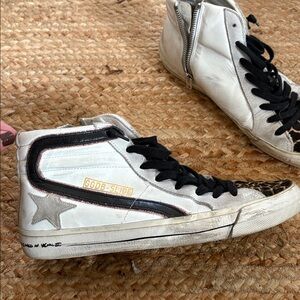 Golden Goose White and Black High-Tops with Giraffe Print Tounge
